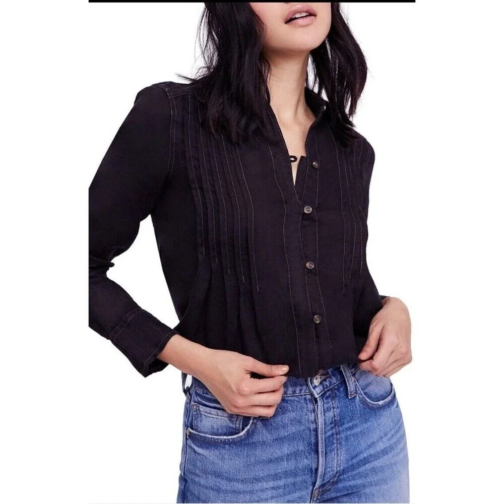 Free People Breezy Morning Relaxed Shirt S‎ Black Button Down Casual Boho Chic